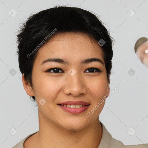 Joyful asian young-adult female with short  brown hair and brown eyes