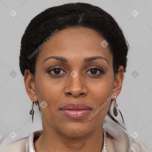 Joyful latino adult female with short  brown hair and brown eyes