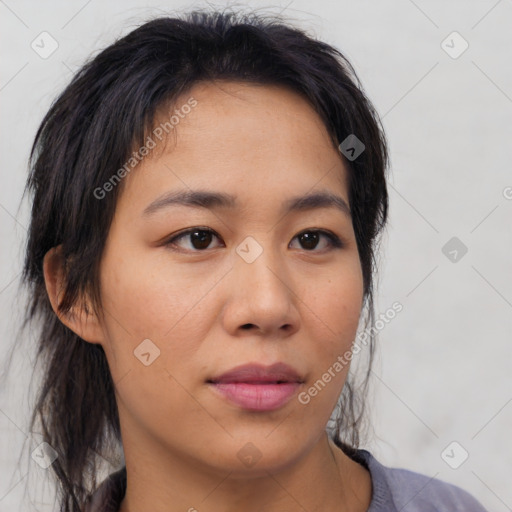 Neutral asian young-adult female with medium  brown hair and brown eyes