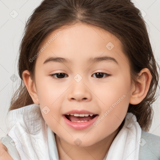 Joyful white child female with medium  brown hair and brown eyes