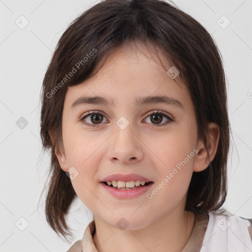 Joyful white child female with medium  brown hair and brown eyes