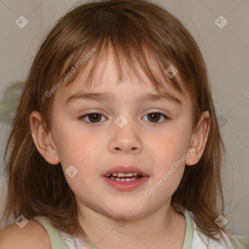 Joyful white child female with medium  brown hair and brown eyes