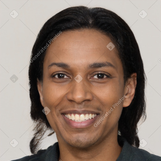 Joyful latino young-adult female with medium  black hair and brown eyes