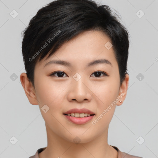 Joyful asian young-adult female with short  brown hair and brown eyes