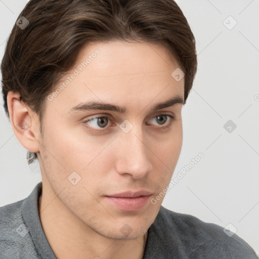 Neutral white young-adult male with short  brown hair and grey eyes