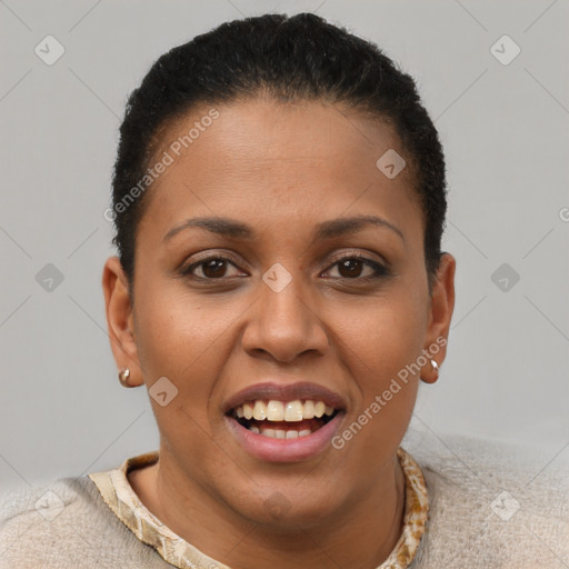 Joyful latino young-adult female with short  brown hair and brown eyes