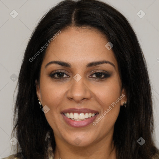 Joyful latino young-adult female with long  brown hair and brown eyes