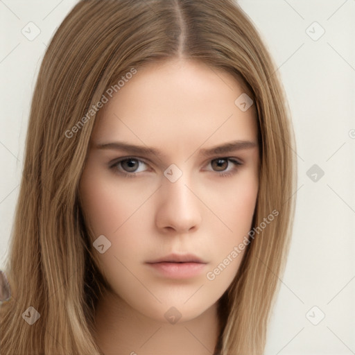 Neutral white young-adult female with long  brown hair and brown eyes