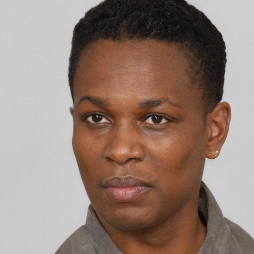 Neutral black young-adult female with short  black hair and brown eyes