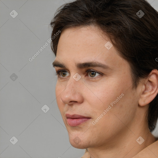 Neutral white young-adult female with short  brown hair and brown eyes