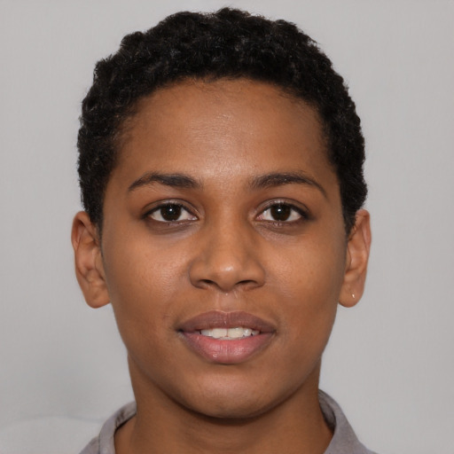 Neutral black young-adult female with short  brown hair and brown eyes