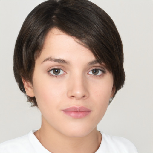 Neutral white young-adult female with short  brown hair and brown eyes