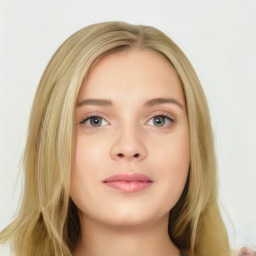 Neutral white young-adult female with long  brown hair and blue eyes