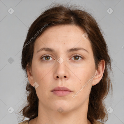 Neutral white young-adult female with medium  brown hair and brown eyes