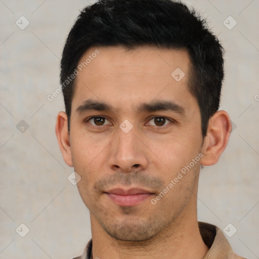 Neutral asian young-adult male with short  black hair and brown eyes