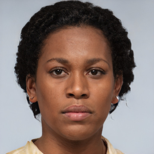 Neutral black young-adult female with short  brown hair and brown eyes