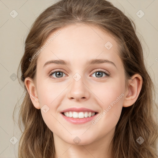 Joyful white young-adult female with long  brown hair and blue eyes