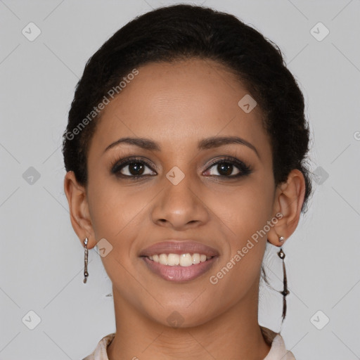 Joyful latino young-adult female with short  brown hair and brown eyes