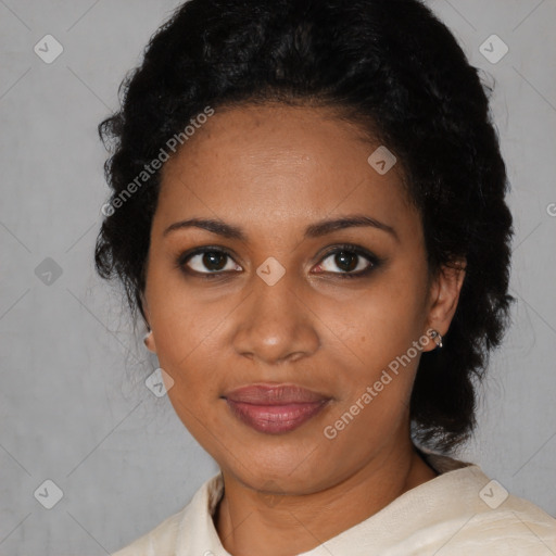 Joyful black adult female with short  black hair and brown eyes