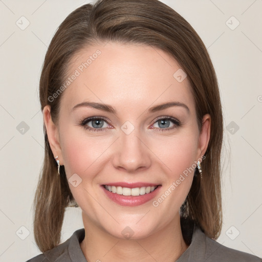 Joyful white young-adult female with medium  brown hair and grey eyes