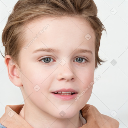 Neutral white child female with short  brown hair and grey eyes