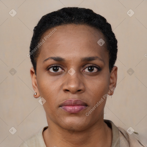 Neutral black young-adult female with short  black hair and brown eyes