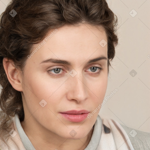 Neutral white young-adult female with medium  brown hair and grey eyes