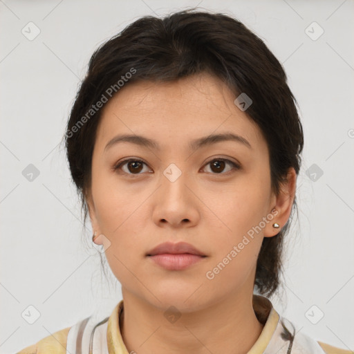 Neutral asian young-adult female with medium  brown hair and brown eyes