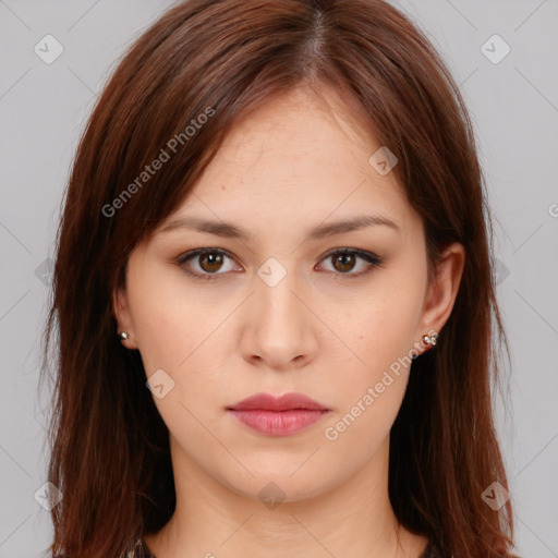 Neutral white young-adult female with long  brown hair and brown eyes