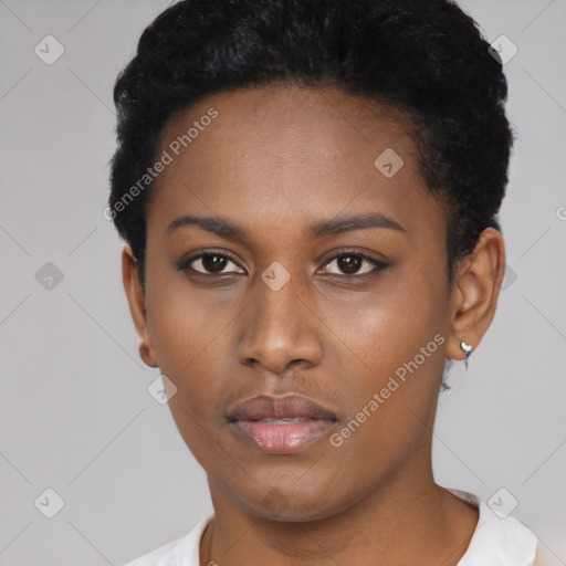 Neutral black young-adult female with short  black hair and brown eyes