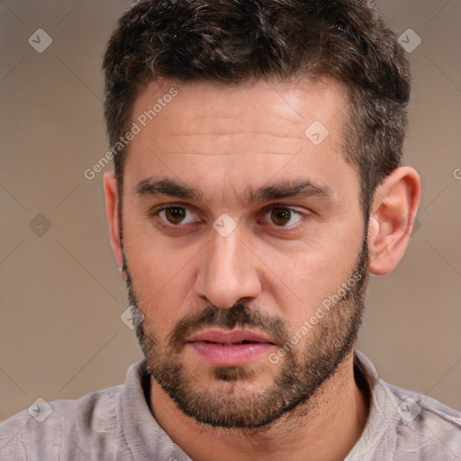 Neutral white young-adult male with short  brown hair and brown eyes