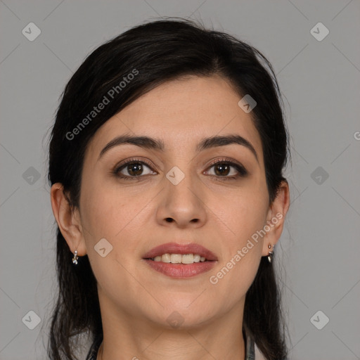 Joyful white young-adult female with medium  brown hair and brown eyes