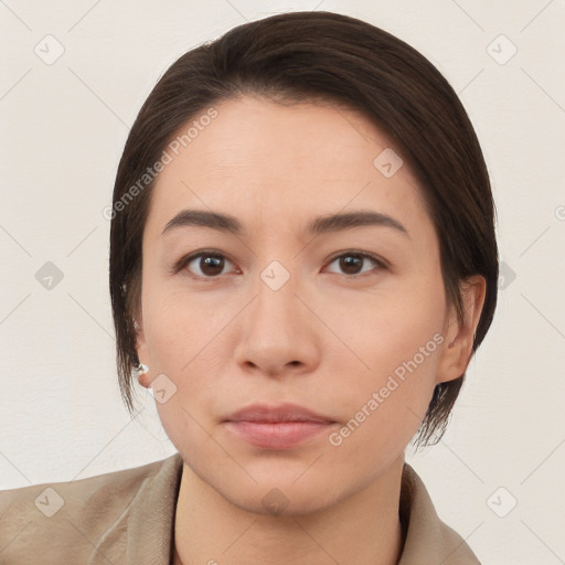 Neutral white young-adult female with medium  brown hair and brown eyes