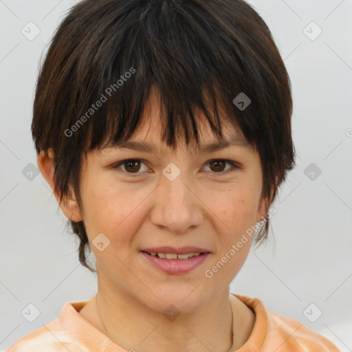 Joyful white young-adult female with medium  brown hair and brown eyes