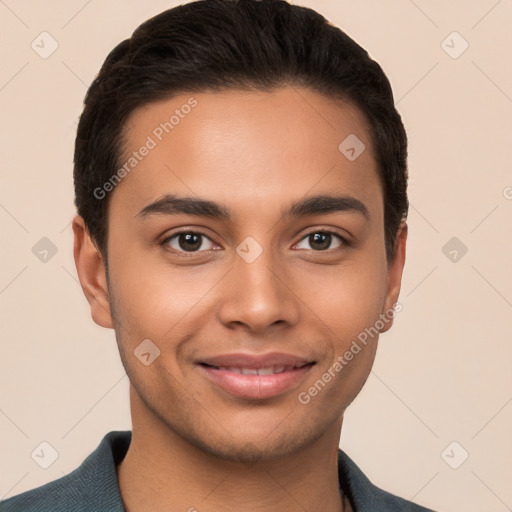 Joyful white young-adult male with short  black hair and brown eyes