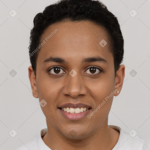 Joyful latino young-adult female with short  brown hair and brown eyes