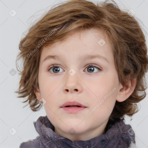 Neutral white child female with medium  brown hair and blue eyes