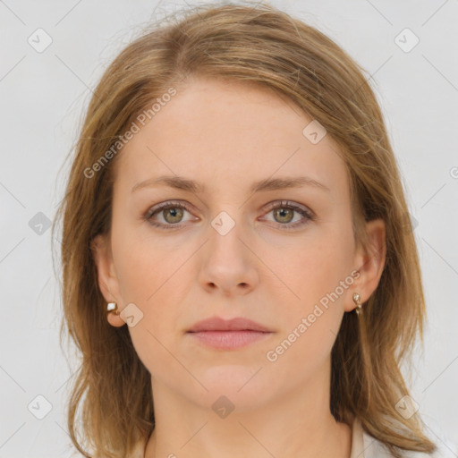 Neutral white young-adult female with medium  brown hair and brown eyes