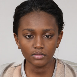 Neutral black young-adult female with short  brown hair and brown eyes