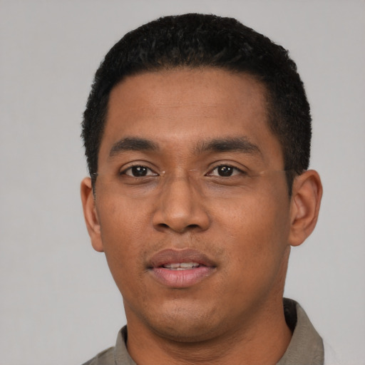 Neutral latino young-adult male with short  black hair and brown eyes