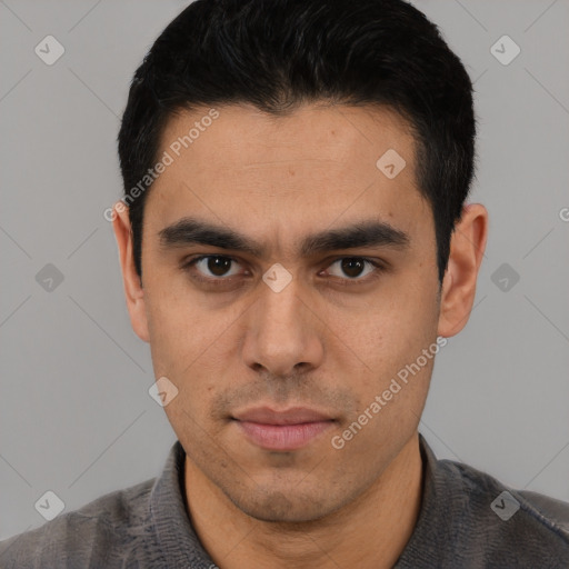 Neutral latino young-adult male with short  black hair and brown eyes