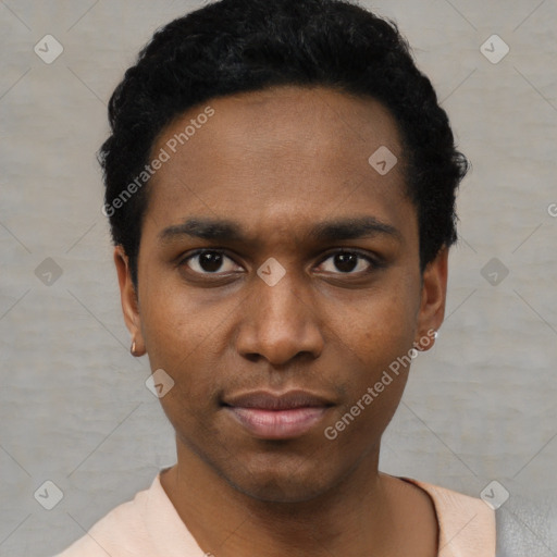 Neutral black young-adult male with short  black hair and brown eyes