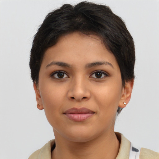 Joyful asian young-adult female with short  brown hair and brown eyes