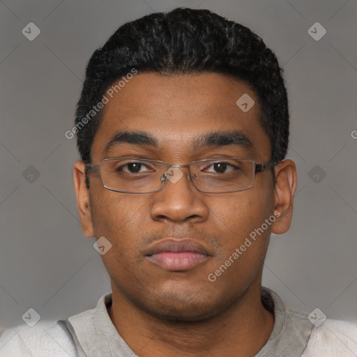 Neutral latino young-adult male with short  black hair and brown eyes