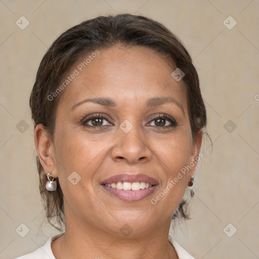 Joyful white adult female with medium  brown hair and brown eyes