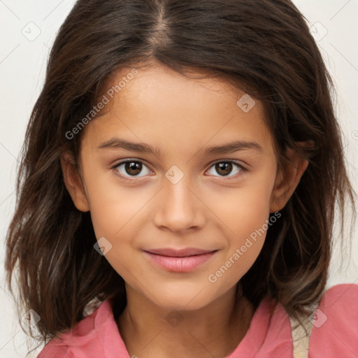 Joyful white child female with medium  brown hair and brown eyes