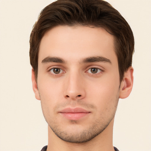 Neutral white young-adult male with short  brown hair and brown eyes