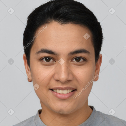 Joyful asian young-adult male with short  black hair and brown eyes