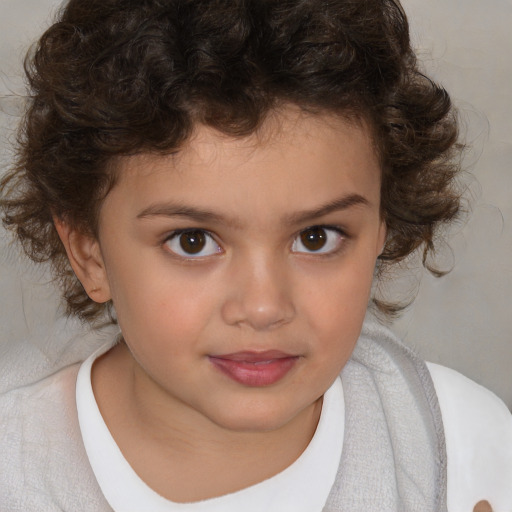 Joyful white child female with medium  brown hair and brown eyes