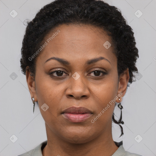 Joyful black adult female with short  brown hair and brown eyes